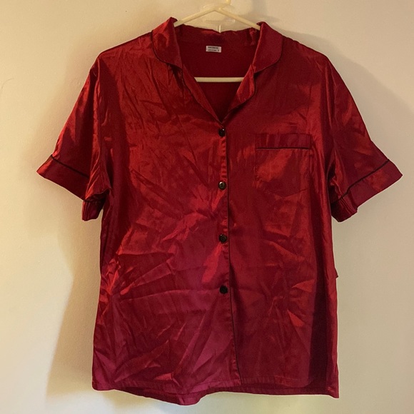 Fiery Red Contrast Trim Ribbon Bow Short Silky 2pcs Pajama Set
